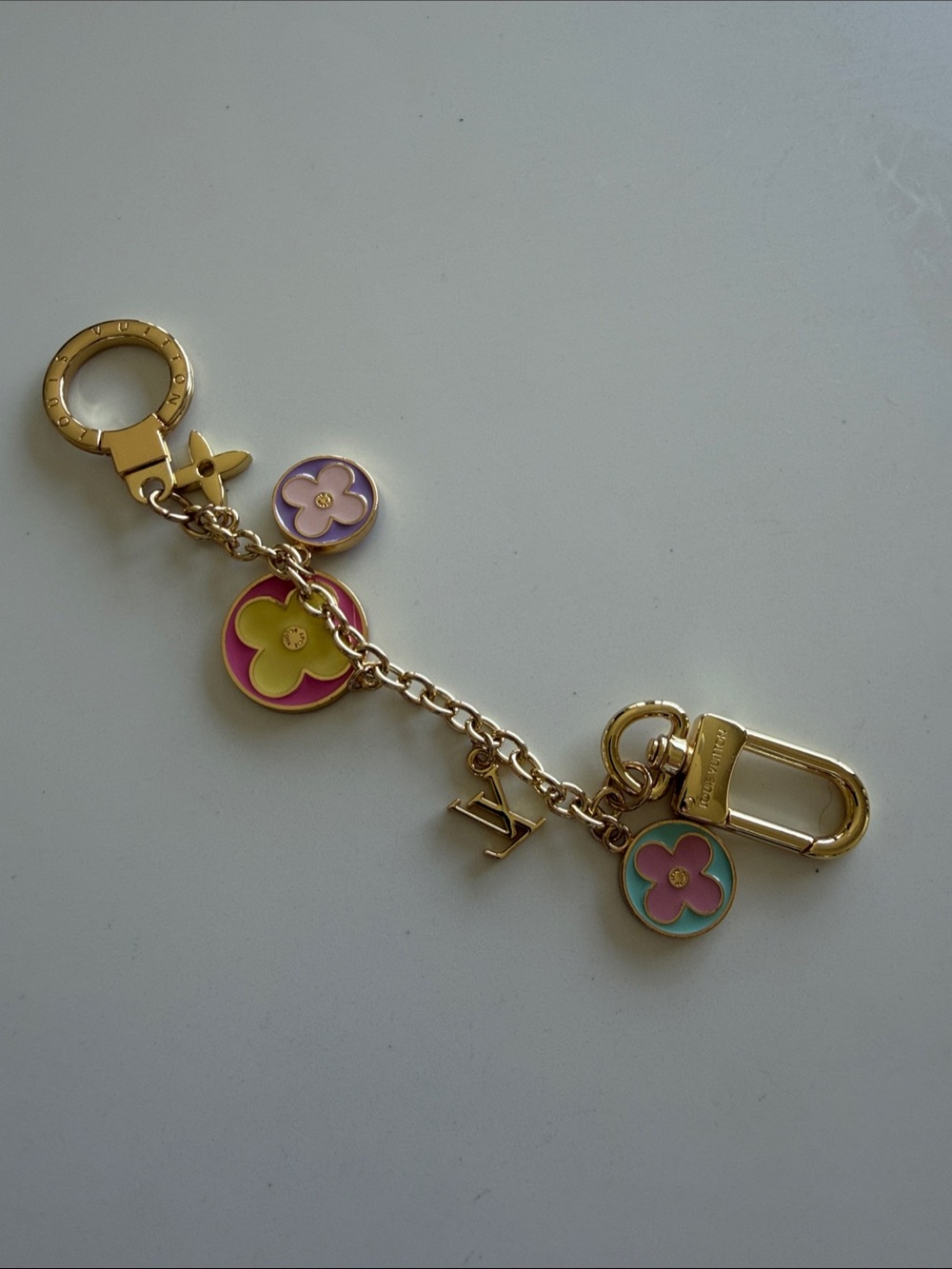 Louis Vuitton Gold-Tone Multicolor Enamel Flower Key Charm Chain NWOT